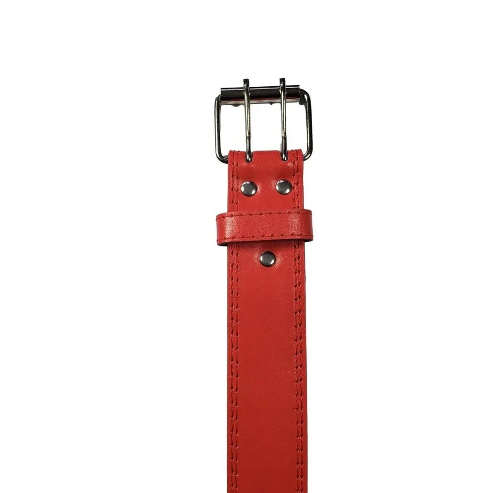 Men's Women's 2 Genuine Leather Two Row Double Row Prong Holes Casual Red Belts - Picture 3 of 4